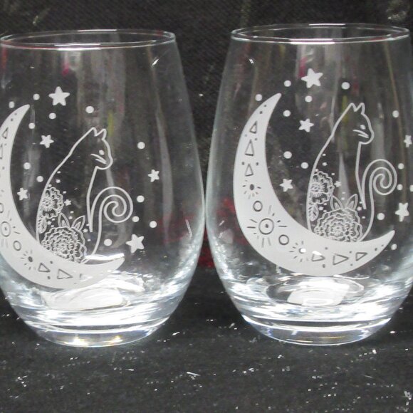 Set of 2 Witchy Cat Moon Stemless Wine Glasses - Picture 1 of 2
